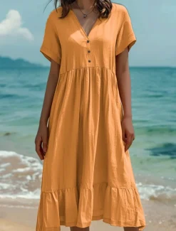 Women's Midi Dress Cotton Linen Dresses Summer Dress Fashion Casual Daily Regular Fit Solid Color Short Sleeve V Neck Light Green Dark Green Orange Dark Grey Summer