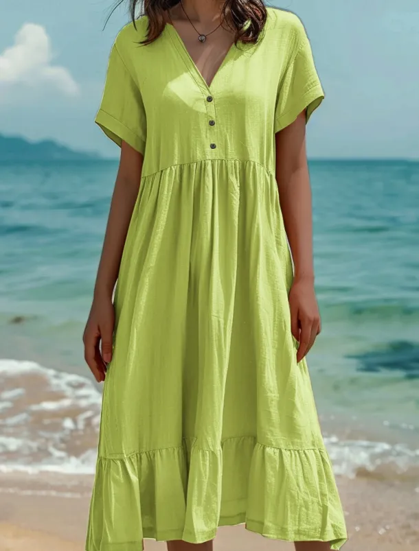 Women's Midi Dress Cotton Linen Dresses Summer Dress Fashion Casual Daily Regular Fit Solid Color Short Sleeve V Neck Light Green Dark Green Orange Dark Grey Summer