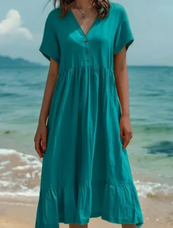 Women's Midi Dress Cotton Linen Dresses Summer Dress Fashion Casual Daily Regular Fit Solid Color Short Sleeve V Neck Light Green Dark Green Orange Dark Grey Summer