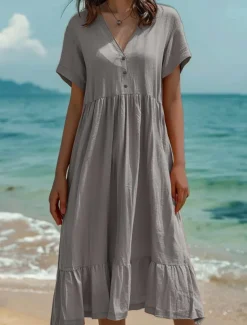 Women's Midi Dress Cotton Linen Dresses Summer Dress Fashion Casual Daily Regular Fit Solid Color Short Sleeve V Neck Light Green Dark Green Orange Dark Grey Summer