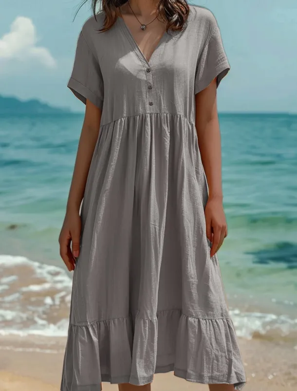 Women's Midi Dress Cotton Linen Dresses Summer Dress Fashion Casual Daily Regular Fit Solid Color Short Sleeve V Neck Light Green Dark Green Orange Dark Grey Summer