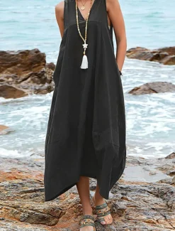 Women's Midi Dress Cotton Linen Dress Basic Casual Vacation Daily Regular Fit Plain Sleeveless V Neck Black Wine Khaki Summer