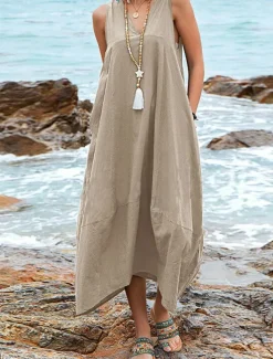 Women's Midi Dress Cotton Linen Dress Basic Casual Vacation Daily Regular Fit Plain Sleeveless V Neck Black Wine Khaki Summer
