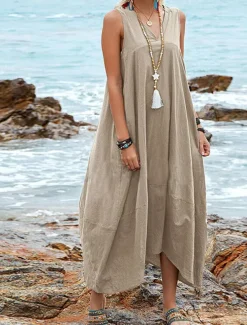 Women's Midi Dress Cotton Linen Dress Basic Casual Vacation Daily Regular Fit Plain Sleeveless V Neck Black Wine Khaki Summer