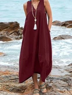 Women's Midi Dress Cotton Linen Dress Basic Casual Vacation Daily Regular Fit Plain Sleeveless V Neck Black Wine Khaki Summer
