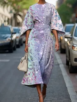 Women's Midi Dress Floral Dress Print Dress Elegant Fashion Outdoor Vacation Going out Regular Fit Flower Half Sleeve Crew Neck Light Purple Purple Fuchsia Summer