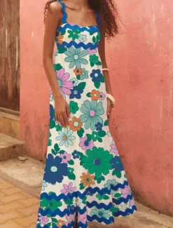 Women's Midi Dress Floral Dress Slip Dress Print Dress Classic Modern Outdoor Vacation Holiday Regular Fit Flower Sleeveless Spaghetti Strap White Navy Blue Royal Blue Blue Summer