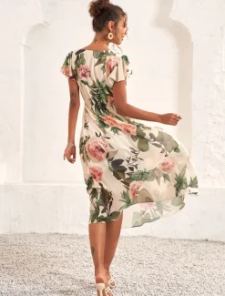 Women's Midi Dress Floral V-Neck A-Line Flutter Sleeve Rose Pattern Lightweight Summer Garden Party Wedding Guest Brunch Flowy Feminine White Pink Green