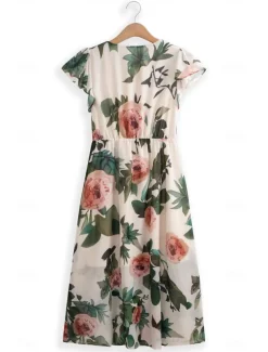 Women's Midi Dress Floral V-Neck A-Line Flutter Sleeve Rose Pattern Lightweight Summer Garden Party Wedding Guest Brunch Flowy Feminine White Pink Green