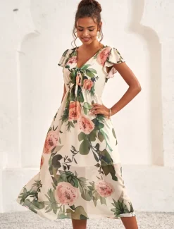 Women's Midi Dress Floral V-Neck A-Line Flutter Sleeve Rose Pattern Lightweight Summer Garden Party Wedding Guest Brunch Flowy Feminine White Pink Green
