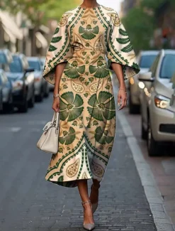 Women's Midi Dress Floral Dress Fashion Classic Modern Vacation Daily Holiday Regular Fit Flower Half Sleeve Crew Neck Black Light Green Blue Emerald Green Summer