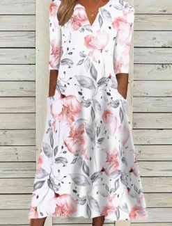 Women's Midi Dress Floral Ruched Pocket V Neck Daily Vacation 3/4 Length Sleeve Summer Spring