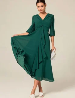 Women's Midi Dress Green Solid Color V-Neck Half Sleeve Ruffled Sophisticated Chic Zip-Back Summer Semi-Formal Wedding Party Evening Elegant Flowy Lightweight Apparel