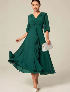 Women's Midi Dress Green Solid Color V-Neck Half Sleeve Ruffled Sophisticated Chic Zip-Back Summer Semi-Formal Wedding Party Evening Elegant Flowy Lightweight Apparel