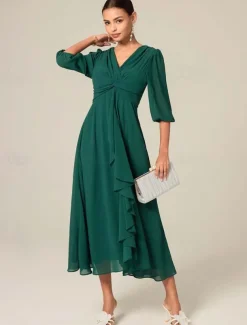 Women's Midi Dress Green Solid Color V-Neck Half Sleeve Ruffled Sophisticated Chic Zip-Back Summer Semi-Formal Wedding Party Evening Elegant Flowy Lightweight Apparel