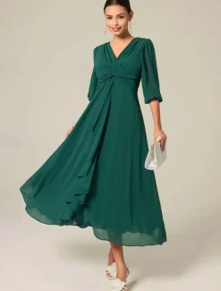 Women's Midi Dress Green Solid Color V-Neck Half Sleeve Ruffled Sophisticated Chic Zip-Back Summer Semi-Formal Wedding Party Evening Elegant Flowy Lightweight Apparel