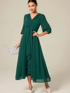 Women's Midi Dress Green Solid Color V-Neck Half Sleeve Ruffled Sophisticated Chic Zip-Back Summer Semi-Formal Wedding Party Evening Elegant Flowy Lightweight Apparel
