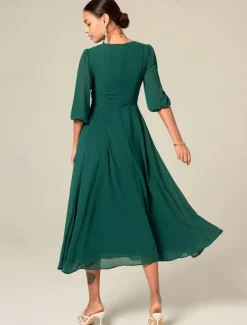 Women's Midi Dress Green Solid Color V-Neck Half Sleeve Ruffled Sophisticated Chic Zip-Back Summer Semi-Formal Wedding Party Evening Elegant Flowy Lightweight Apparel