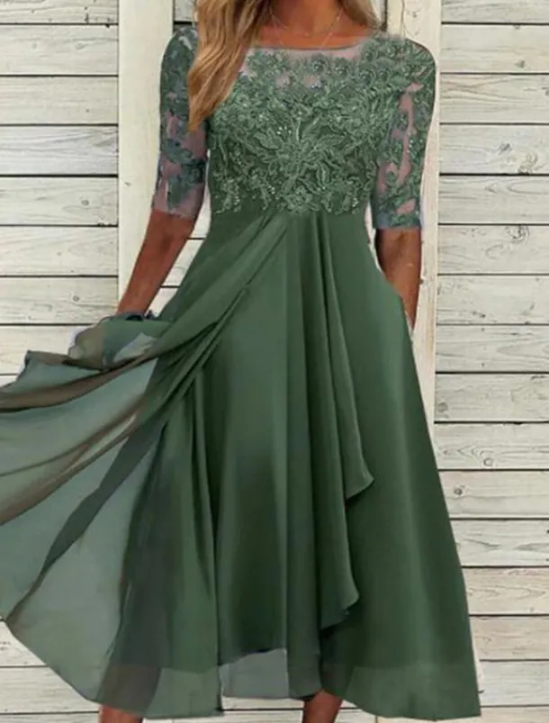Women's Midi Dress Lace Dress Cocktail Dress Wedding Guest Dress Chiffon Dress Elegant Formal Wedding Party Regular Fit Half Sleeve Crew Neck Blue Purple Green Summer
