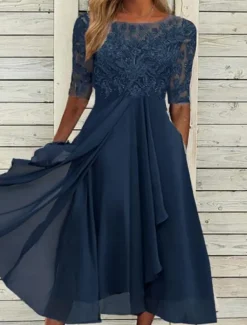 Women's Midi Dress Lace Dress Cocktail Dress Wedding Guest Dress Chiffon Dress Elegant Formal Wedding Party Regular Fit Half Sleeve Crew Neck Blue Purple Green Summer