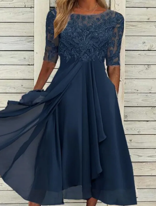 Women's Midi Dress Lace Dress Cocktail Dress Wedding Guest Dress Chiffon Dress Elegant Formal Wedding Party Regular Fit Half Sleeve Crew Neck Blue Purple Green Summer
