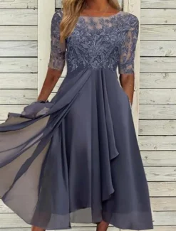 Women's Midi Dress Lace Dress Cocktail Dress Wedding Guest Dress Chiffon Dress Elegant Formal Wedding Party Regular Fit Half Sleeve Crew Neck Blue Purple Green Summer