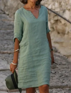 Women's Midi Dress Linen-Inspired Dresses Casual Dress Shift Dress Basic Classic Outdoor Vacation Daily Regular Fit Pure Color Half Sleeve V Neck Yellow Pink Blue Green Summer Spring