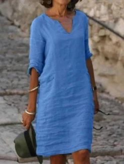 Women's Midi Dress Linen-Inspired Dresses Casual Dress Shift Dress Basic Classic Outdoor Vacation Daily Regular Fit Pure Color Half Sleeve V Neck Yellow Pink Blue Green Summer Spring