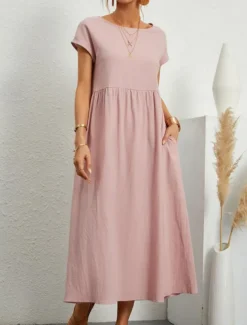 Women's Midi Dress Linen-Inspired Dresses Casual Dress Cotton Linen Dress A Line Dress Stylish Casual Vacation Daily Date Regular Fit Plain Short Sleeve Crew Neck White Pink Orange Summer Spring
