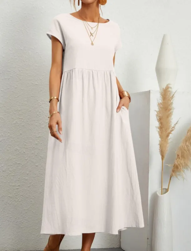 Women's Midi Dress Linen-Inspired Dresses Casual Dress Cotton Linen Dress A Line Dress Stylish Casual Vacation Daily Date Regular Fit Plain Short Sleeve Crew Neck White Pink Orange Summer Spring