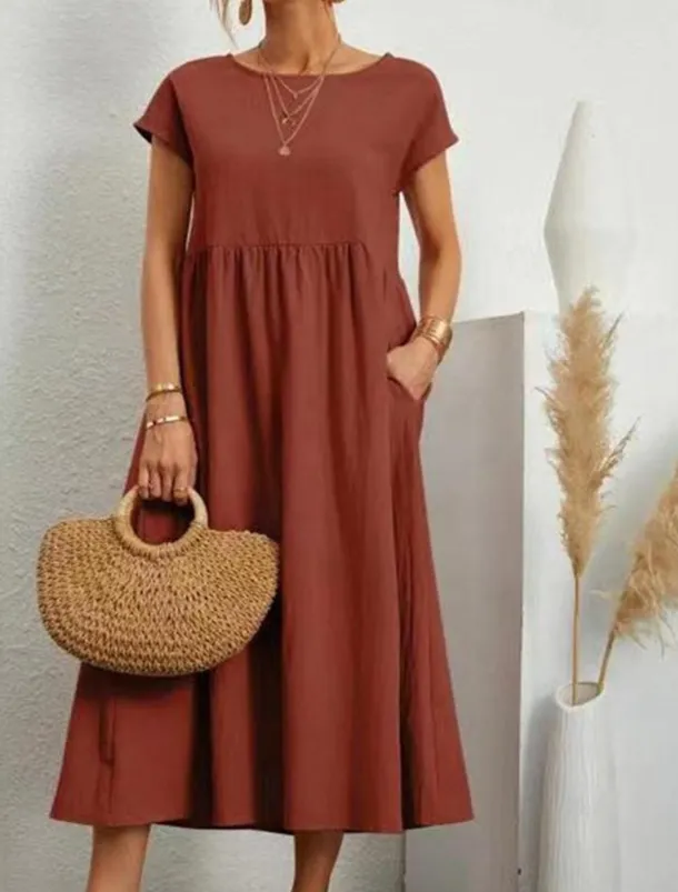 Women's Midi Dress Linen-Inspired Dresses Casual Dress Cotton Linen Dress A Line Dress Stylish Casual Vacation Daily Date Regular Fit Plain Short Sleeve Crew Neck White Pink Orange Summer Spring