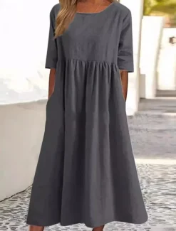 Women's Midi Dress Linen-Inspired Dresses Casual Dress Cotton Linen Dress A Line Dress Stylish Casual Vacation Daily Date Regular Fit Plain Short Sleeve Crew Neck Black Army Green Dark Gray Summer