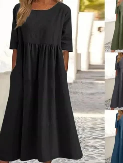 Women's Midi Dress Linen-Inspired Dresses Casual Dress Cotton Linen Dress A Line Dress Stylish Casual Vacation Daily Date Regular Fit Plain Short Sleeve Crew Neck Black Army Green Dark Gray Summer