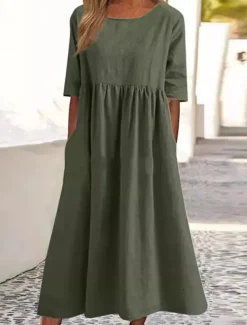 Women's Midi Dress Linen-Inspired Dresses Casual Dress Cotton Linen Dress A Line Dress Stylish Casual Vacation Daily Date Regular Fit Plain Short Sleeve Crew Neck Black Army Green Dark Gray Summer