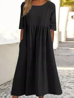 Women's Midi Dress Linen-Inspired Dresses Casual Dress Cotton Linen Dress A Line Dress Stylish Casual Vacation Daily Date Regular Fit Plain Short Sleeve Crew Neck Black Army Green Dark Gray Summer