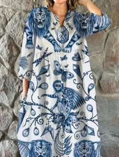 Women's Midi Dress Linen-Inspired Dresses Shirt Dress Casual Dress Elegant Stylish Casual Vacation Daily Date Loose Fit Floral Long Sleeve Crew Neck Red Blue Dark Green Green Spring Fall