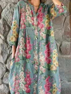 Women's Midi Dress Linen-Inspired Dresses Shirt Dress Casual Dress Elegant Stylish Casual Vacation Daily Date Loose Fit Floral Long Sleeve Crew Neck Red Blue Dark Green Green Spring Fall