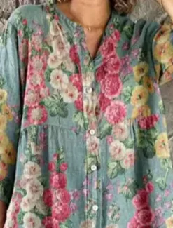 Women's Midi Dress Linen-Inspired Dresses Shirt Dress Casual Dress Elegant Stylish Casual Vacation Daily Date Loose Fit Floral Long Sleeve Crew Neck Red Blue Dark Green Green Spring Fall