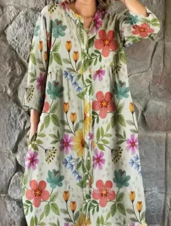 Women's Midi Dress Linen-Inspired Dresses Shirt Dress Casual Dress Elegant Stylish Casual Vacation Daily Date Loose Fit Floral Long Sleeve Crew Neck Red Blue Dark Green Green Spring Fall