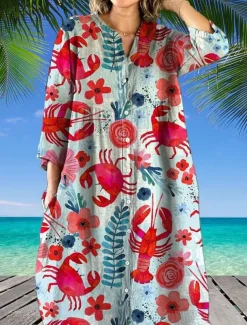 Women's Midi Dress Linen-Inspired Dresses Shirt Dress Casual Dress Elegant Stylish Casual Vacation Daily Date Loose Fit Floral Long Sleeve Crew Neck Red Blue Dark Green Green Spring Fall