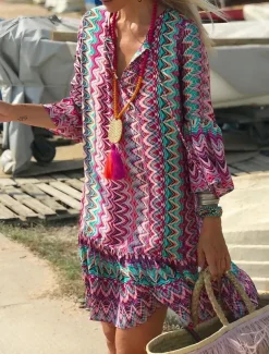 Women's Midi Dress Long Sleeve Boho Dress Boho Dress Beach Dress Bohemia Modern Casual Flare Cuff Sleeve Outdoor Vacation Daily Loose Fit Color Block Long Sleeve V Neck Pink Summer Spring