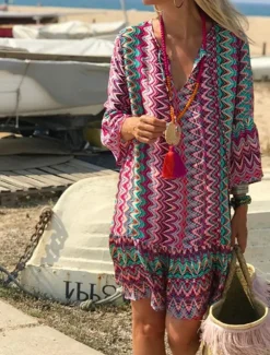 Women's Midi Dress Long Sleeve Boho Dress Boho Dress Beach Dress Bohemia Modern Casual Flare Cuff Sleeve Outdoor Vacation Daily Loose Fit Color Block Long Sleeve V Neck Pink Summer Spring
