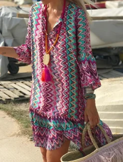 Women's Midi Dress Long Sleeve Boho Dress Boho Dress Beach Dress Bohemia Modern Casual Flare Cuff Sleeve Outdoor Vacation Daily Loose Fit Color Block Long Sleeve V Neck Pink Summer Spring