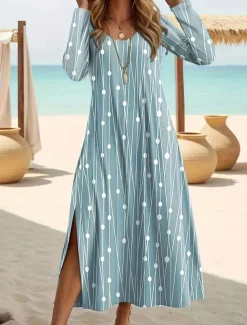 Women's Midi Dress Polka Dot Dress Polka Dot Classic Office Daily Split Long Sleeve Crew Neck Dress Regular Fit Light Sky Blue Fall S M L XL XXL