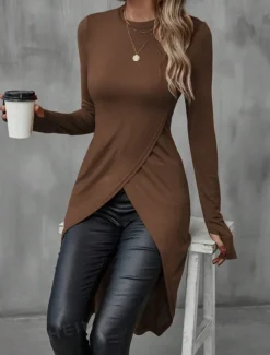 Women's Midi Dress Sheath Dress Wrap Dress Casual Daily Slim Plain Long Sleeve Crew Neck Black Brown Summer Spring Fall