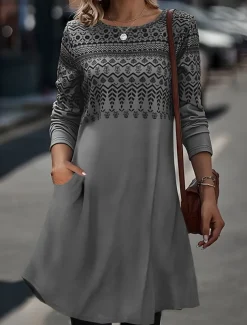 Women's Midi Dress Sheath Dress T Shirt Dress Tee Dress A Line Dress Athletic Dress Vacation Casual Boho Daily Regular Fit Graphic Geometric Houndstooth Long Sleeve Crew Neck Blue Khaki Gray Summer
