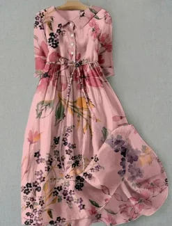 Women's Midi Dress Sheath Dress Summer Dress Vacation Casual Beach Daily Holiday Going out Graphic Long Sleeve Lapel Yellow Pink Blue Green Summer Spring