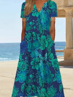 Women's Midi Dress Shift Dress Sundress Floral Pocket Print V Neck Date Vacation Short Sleeve Summer Spring