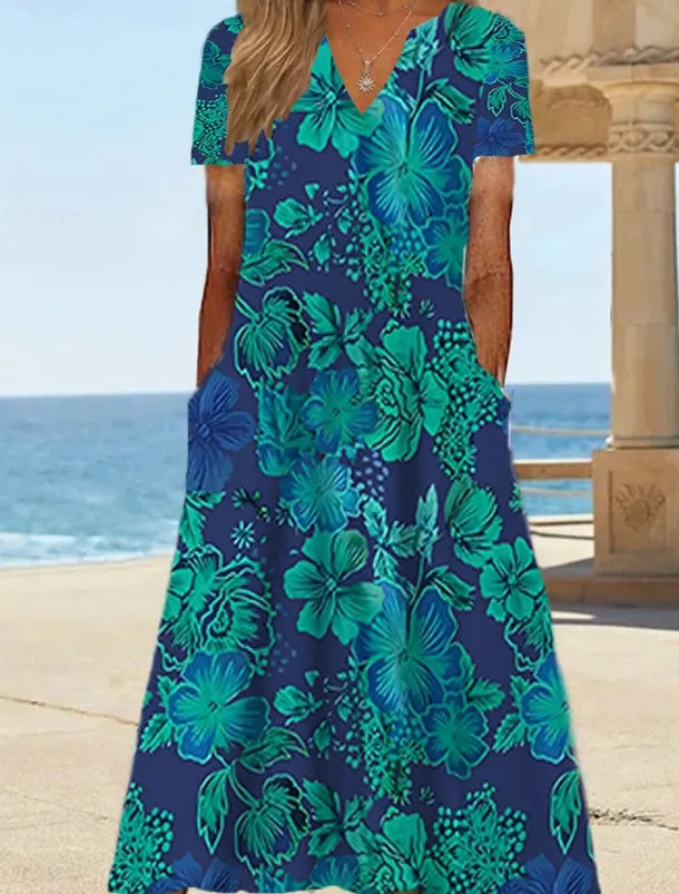 Women's Midi Dress Shift Dress Sundress Floral Pocket Print V Neck Date Vacation Short Sleeve Summer Spring