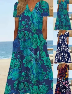 Women's Midi Dress Shift Dress Sundress Floral Pocket Print V Neck Date Vacation Short Sleeve Summer Spring